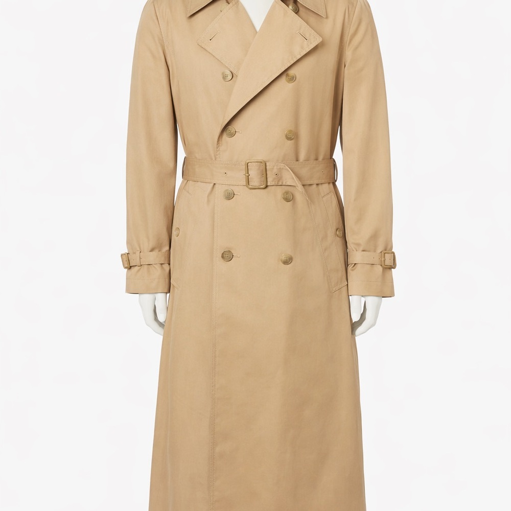 Beige Double-Breasted Trench Coat - Size 12P - Peach Satin Lining